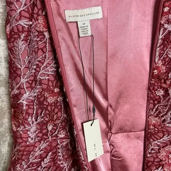 ML Monique Lhuillier Floral Lace Mini Dress with Sheer Ruffle Maroon/Oyster Pink - Picture 3 of 5